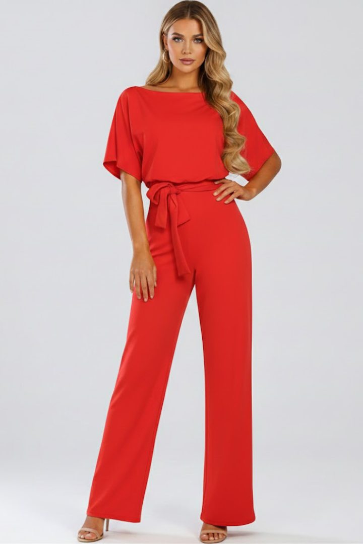 Kvinnes Vidbenet Jumpsuit | Kortermet Med Belte