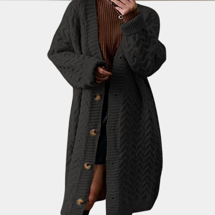 Dame Oversized Lang Strikket Cardigan med Knapper