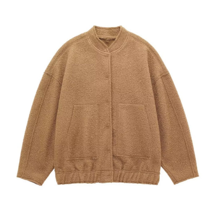Dame Oversized Jakke med Rund Hals og Skjulte Knapper
