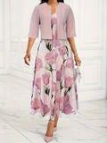 Dame Maxi Kjole med Jakke Sett | Rosa Blomster