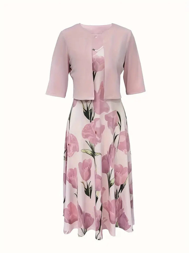 Dame Maxi Kjole med Jakke Sett | Rosa Blomster
