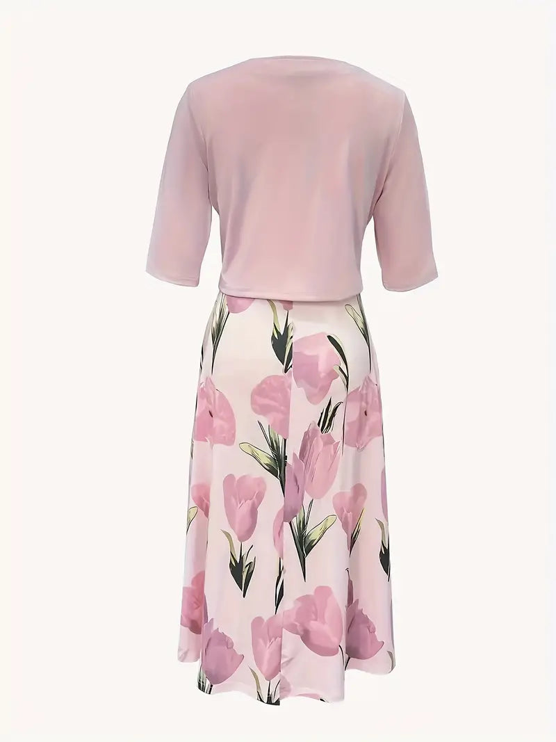 Dame Maxi Kjole med Jakke Sett | Rosa Blomster