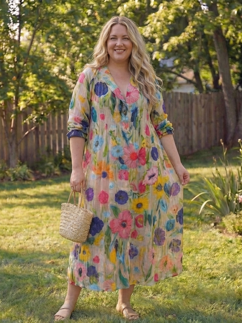 Kvinne Boho Midi Kjole | Knapp-Front Blomster