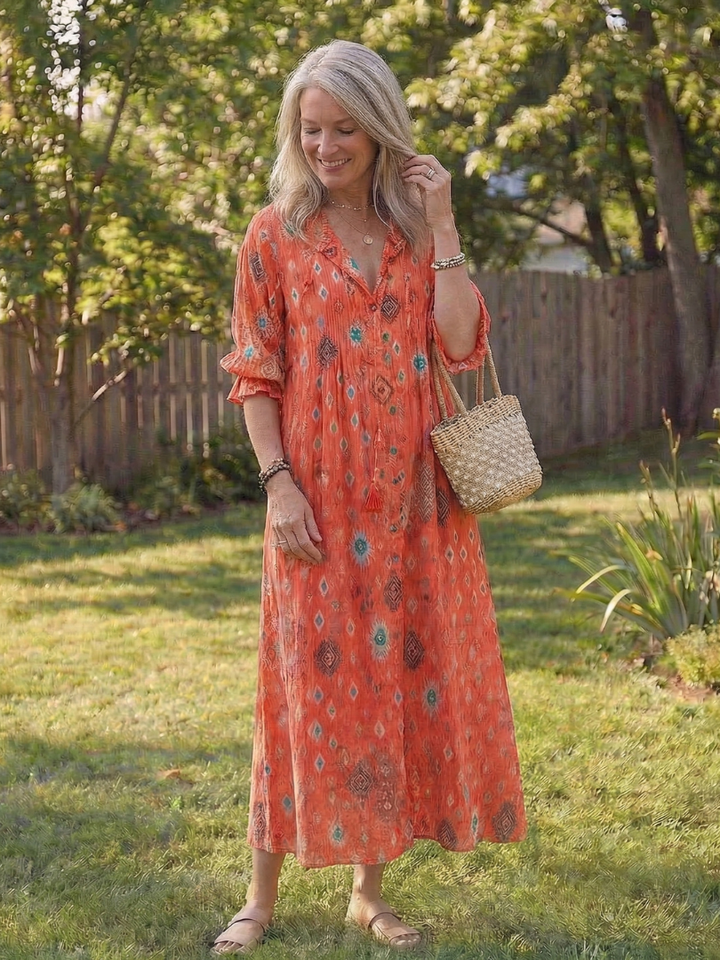 Kvinne Boho Midi Kjole | Knapp-Front Blomster