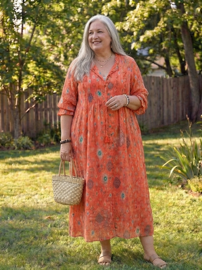 Kvinne Boho Midi Kjole | Knapp-Front Blomster