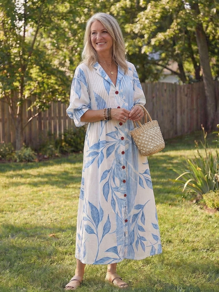 Kvinne Boho Midi Kjole | Knapp-Front Blomster