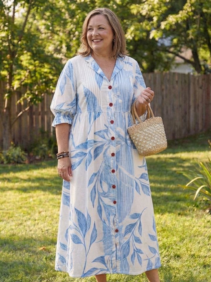 Kvinne Boho Midi Kjole | Knapp-Front Blomster