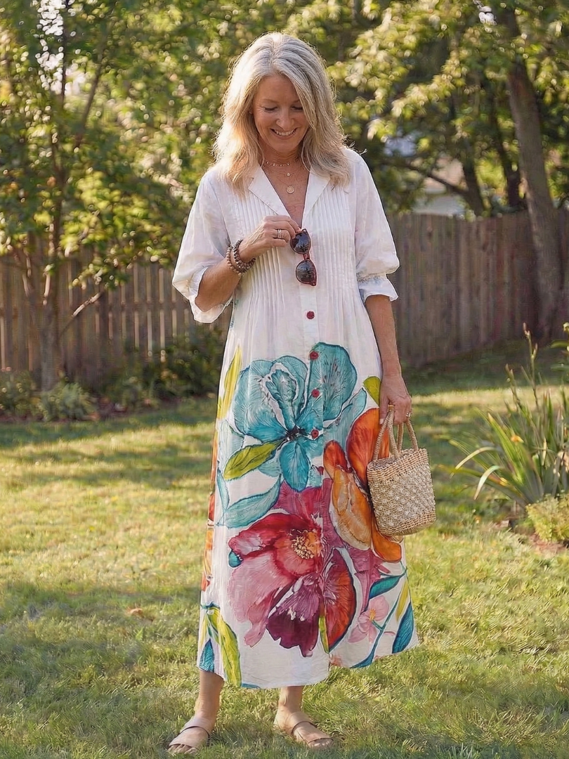 Kvinne Boho Midi Kjole | Knapp-Front Blomster