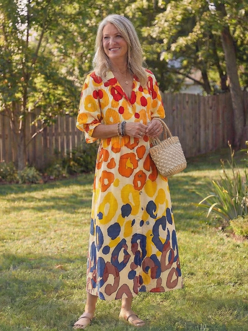 Kvinne Boho Midi Kjole | Knapp-Front Blomster