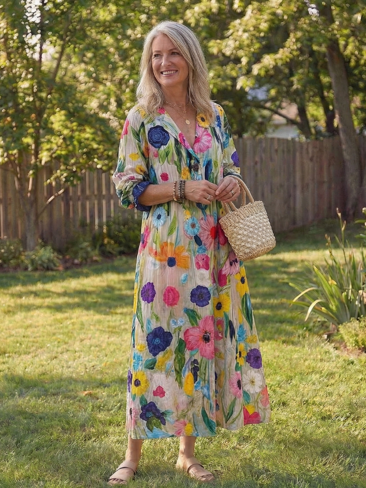 Kvinne Boho Midi Kjole | Knapp-Front Blomster