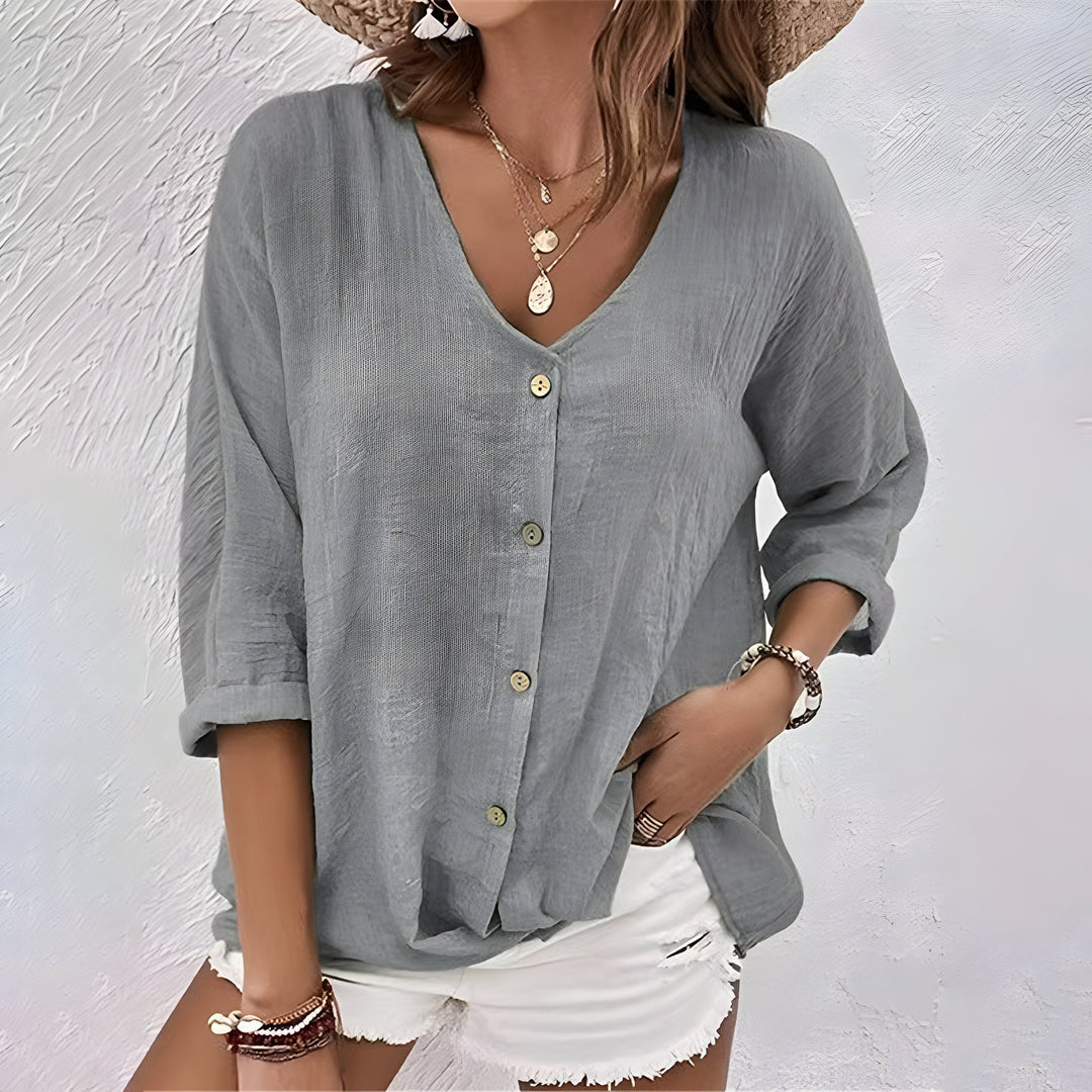 Damebluse | V-hals Med Knapper