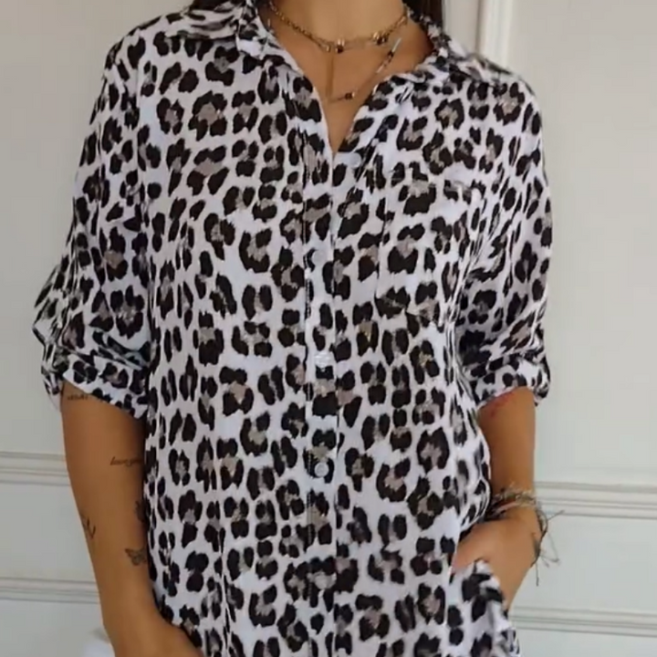 Damebluse | V-hals Leopardmønster