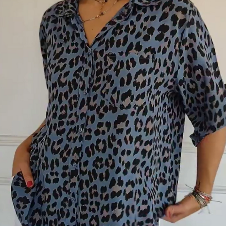 Damebluse | V-hals Leopardmønster