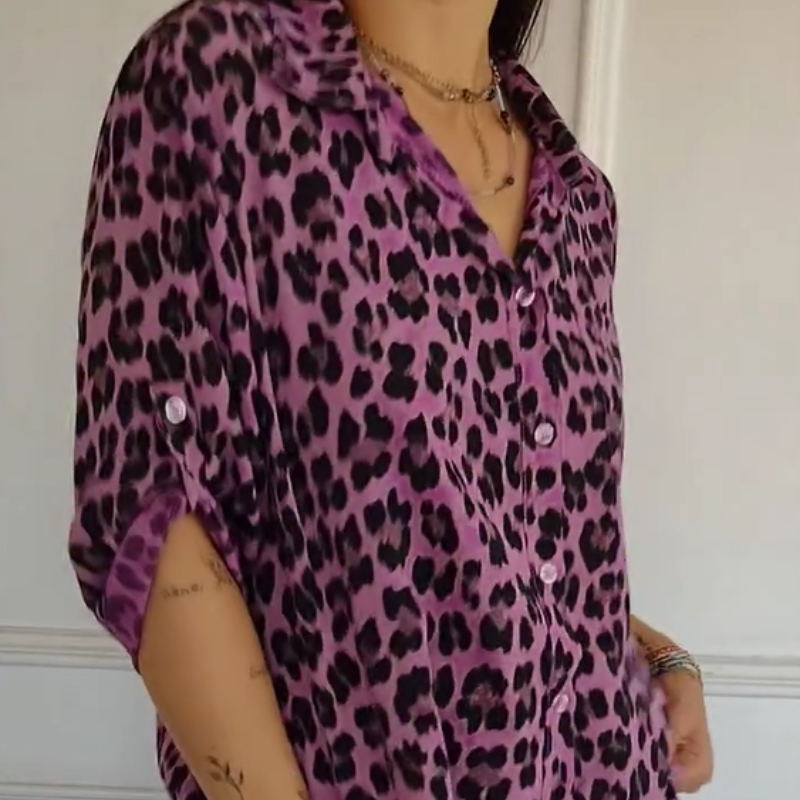 Damebluse | V-hals Leopardmønster