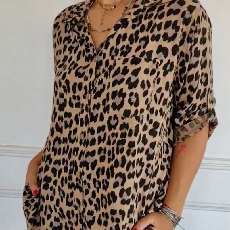 Damebluse | V-hals Leopardmønster