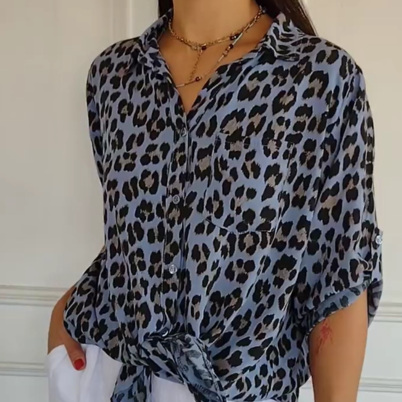 Damebluse | V-hals Leopardmønster