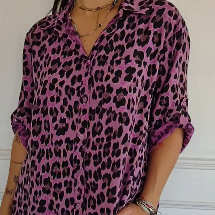 Damebluse | V-hals Leopardmønster