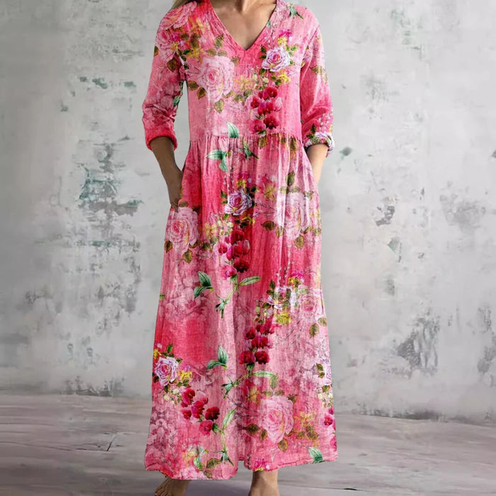 Kvinners Kjole | Maxi Floral med V-Hals