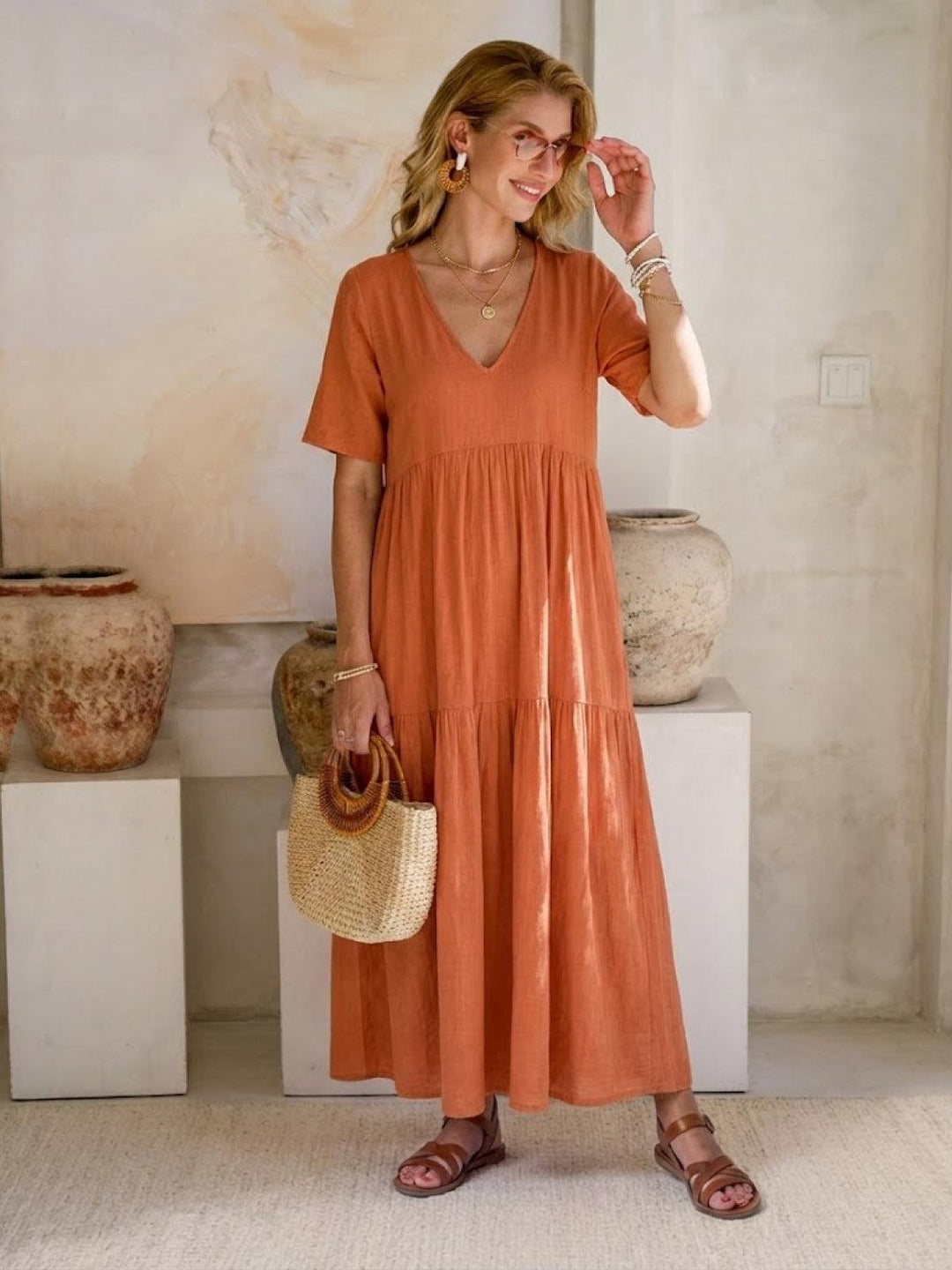 Kvinne Boho Maxi Kjole | V-hals Lagdelt