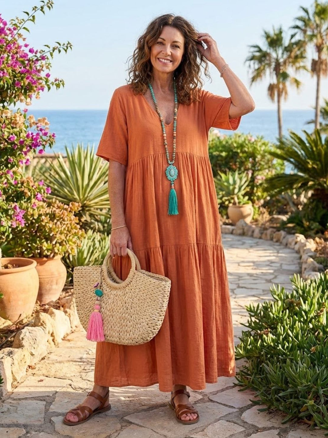 Kvinne Boho Maxi Kjole | V-hals Lagdelt