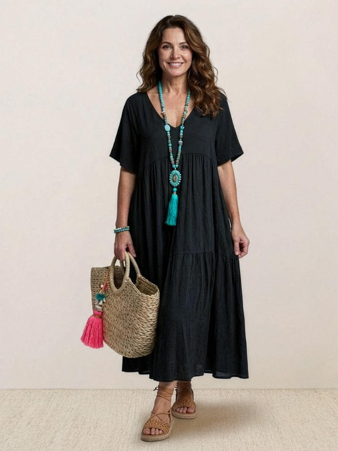Kvinne Boho Maxi Kjole | V-hals Lagdelt