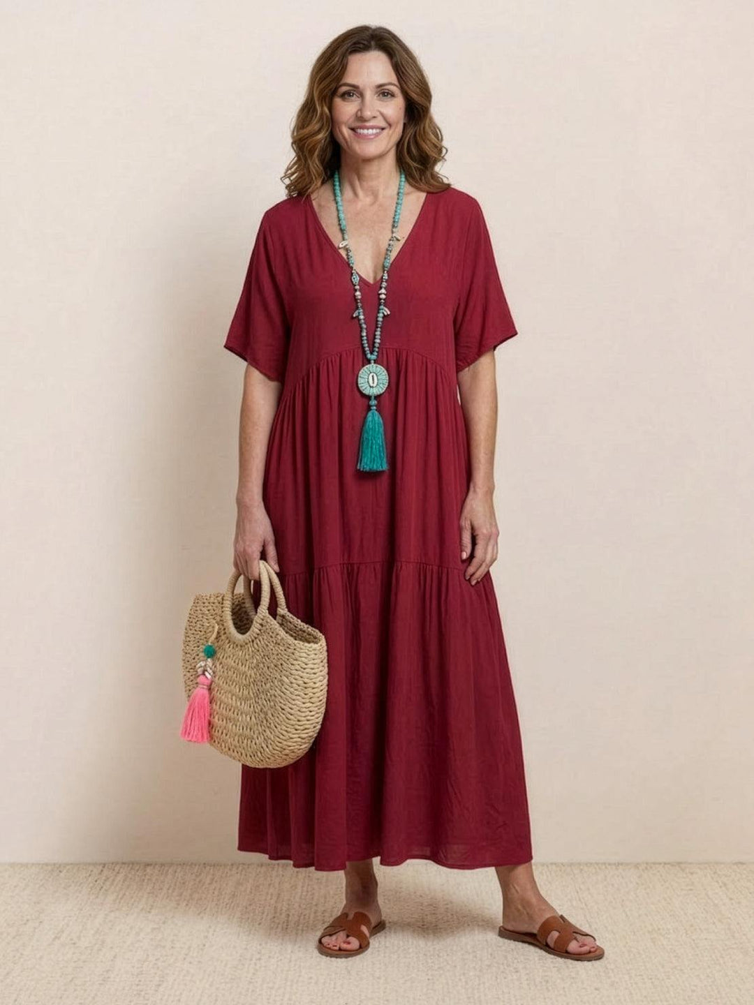 Kvinne Boho Maxi Kjole | V-hals Lagdelt
