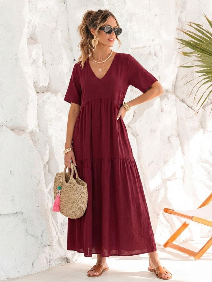 Kvinne Boho Maxi Kjole | V-hals Lagdelt