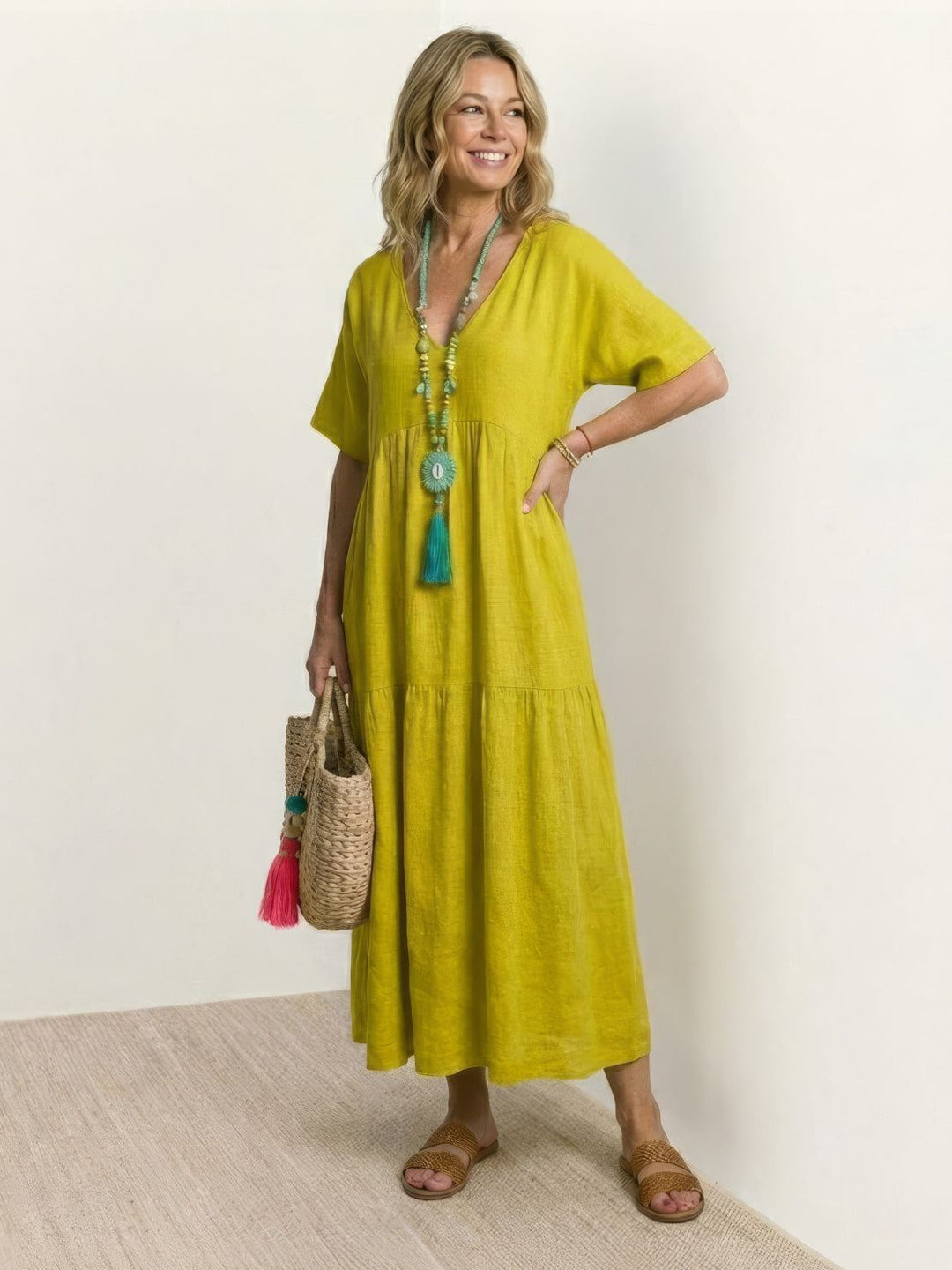 Kvinne Boho Maxi Kjole | V-hals Lagdelt