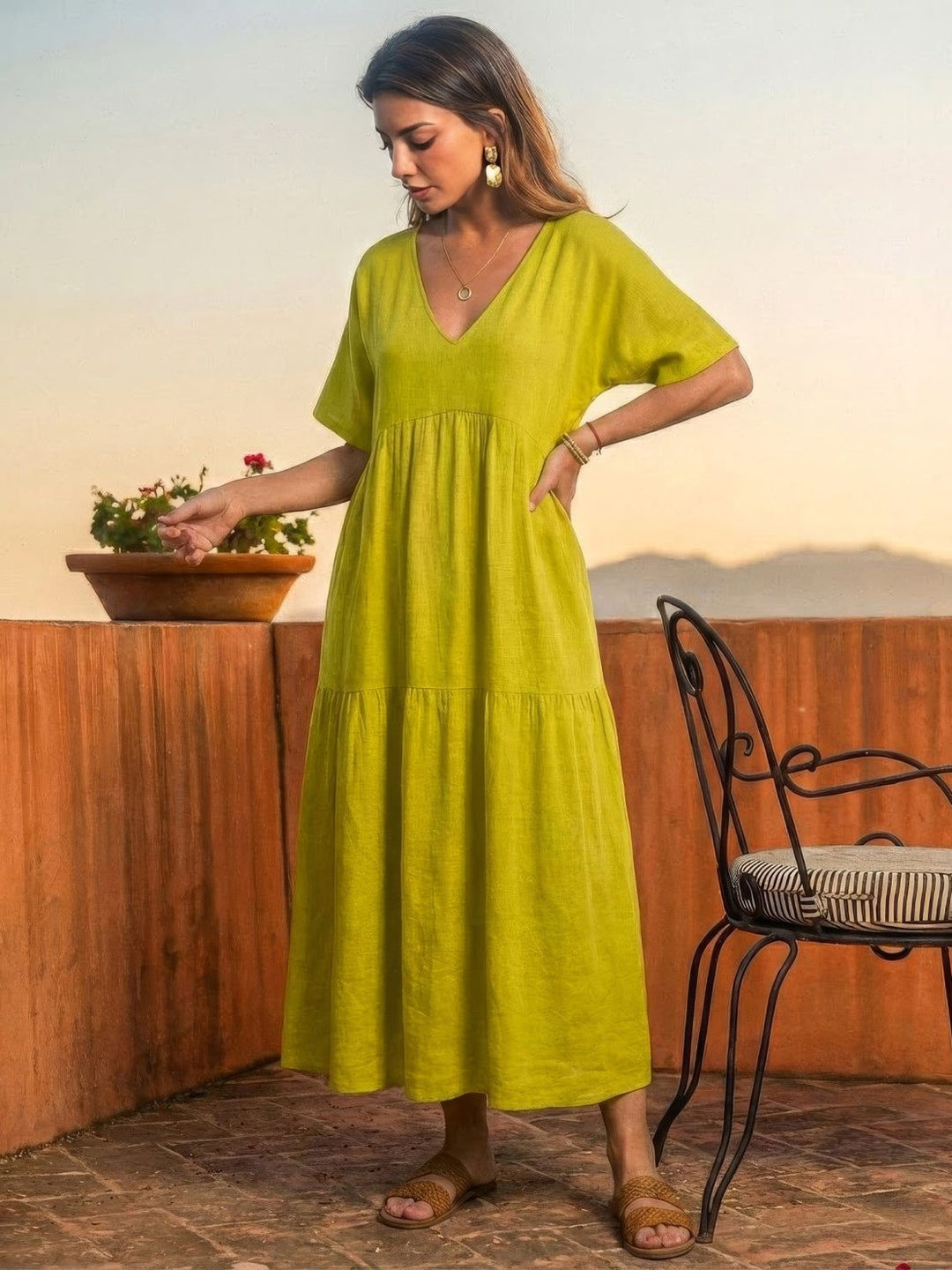 Kvinne Boho Maxi Kjole | V-hals Lagdelt