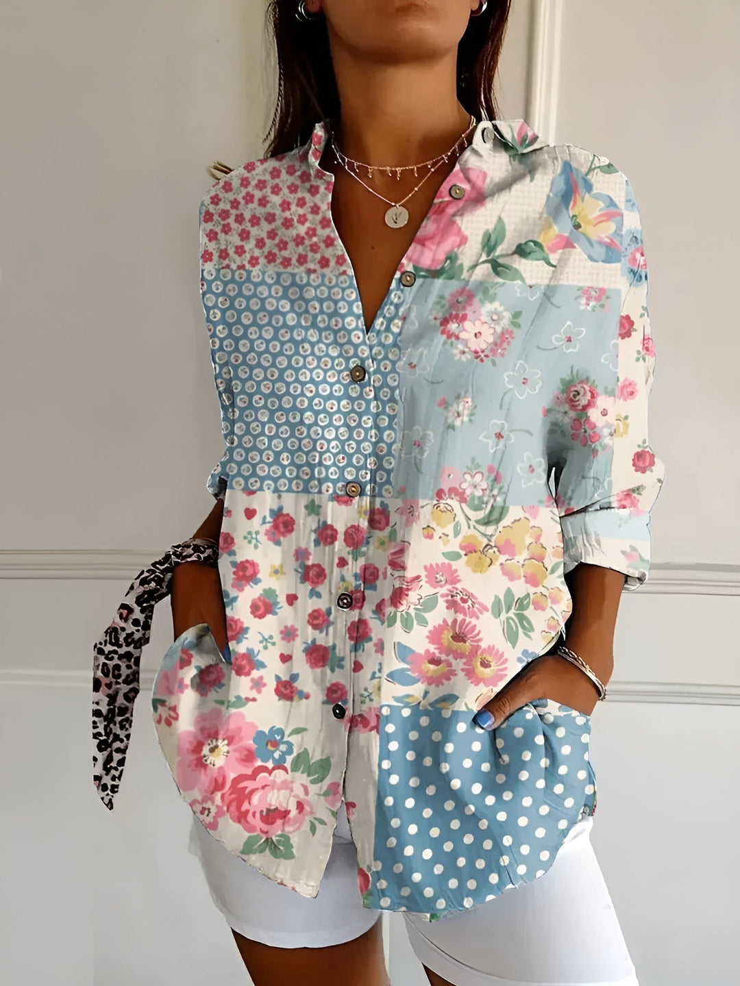 Damebluse | Knapp-Front med Trykk