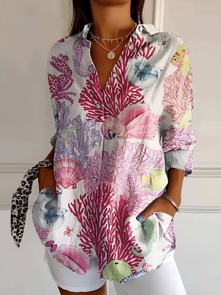 Damebluse | Knapp-Front med Trykk