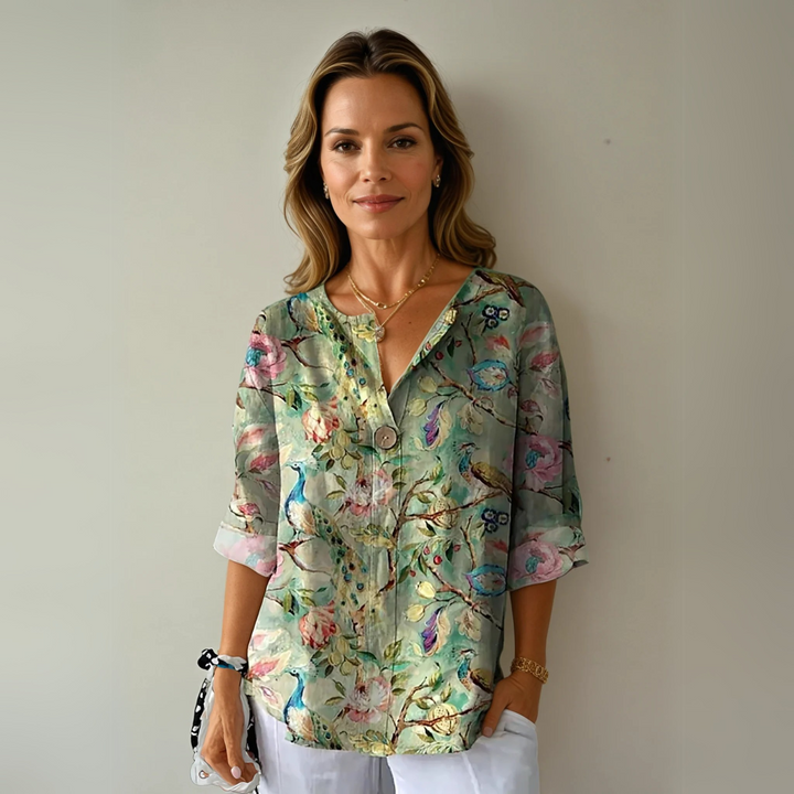 Damebluse | Blomstertrykk med knapper foran