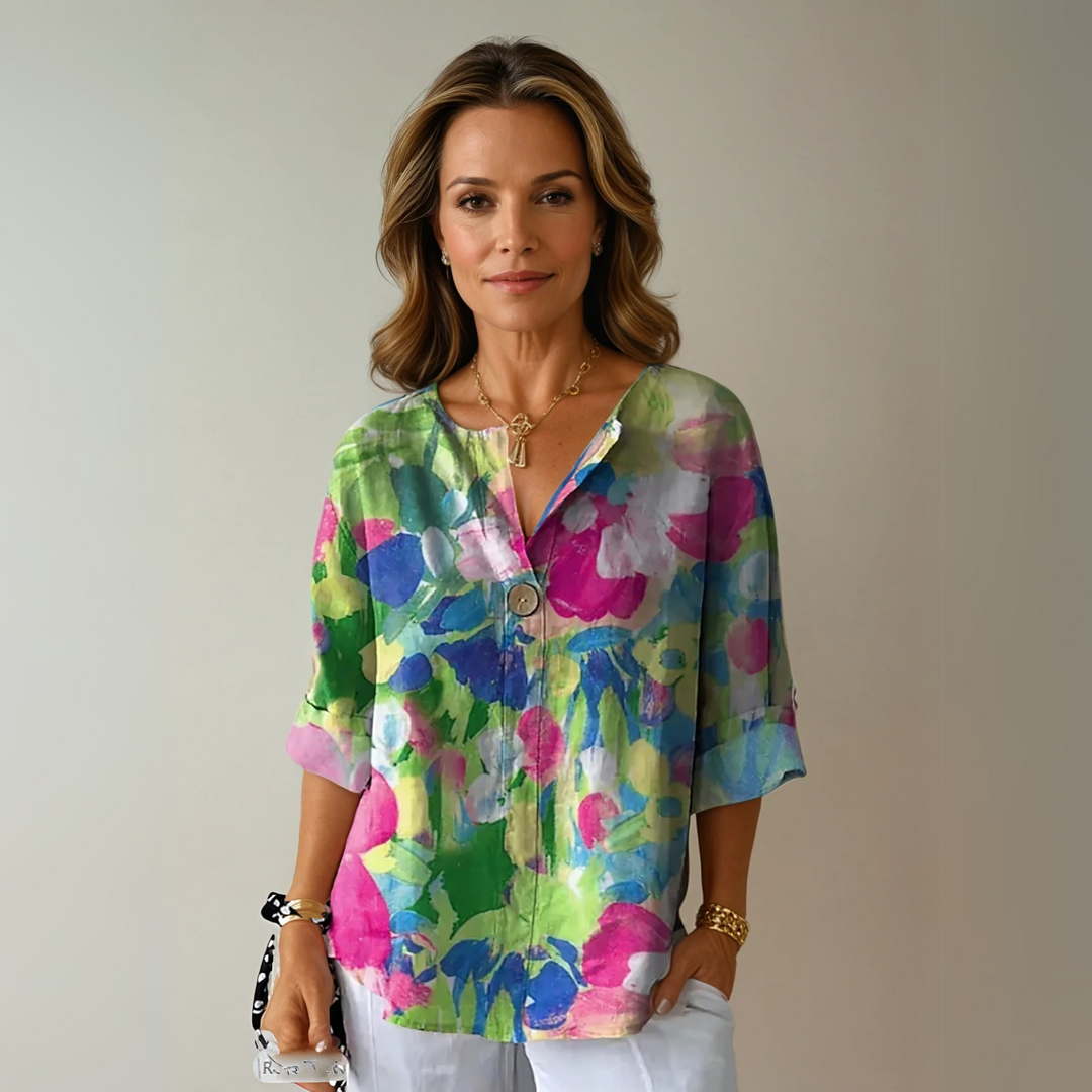 Damebluse | Blomstertrykk med knapper foran
