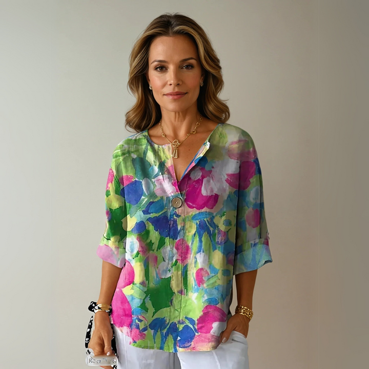 Damebluse | Blomstertrykk med knapper foran