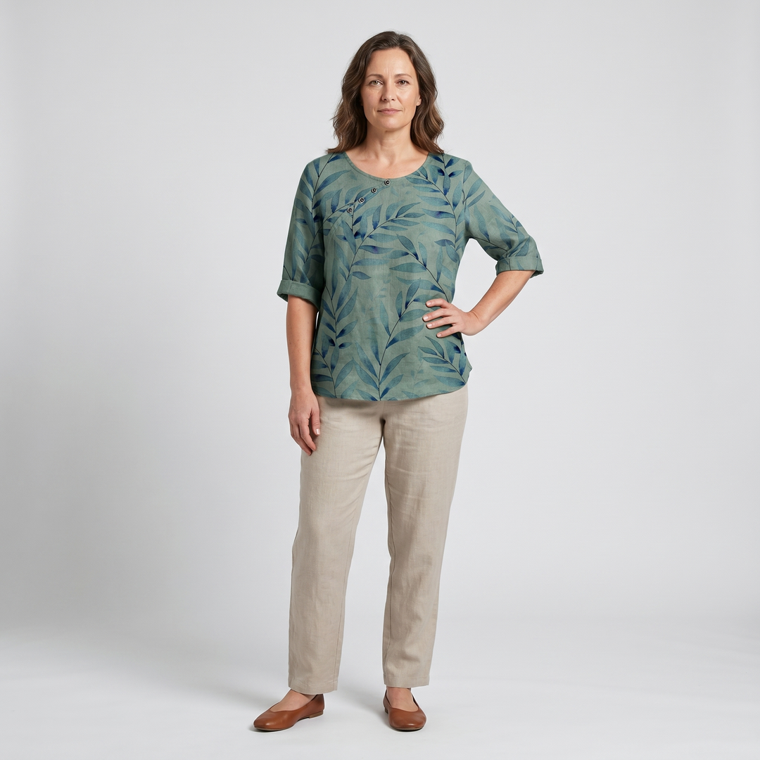 Damebluse | Trykt Asymmetrisk Knappebluse