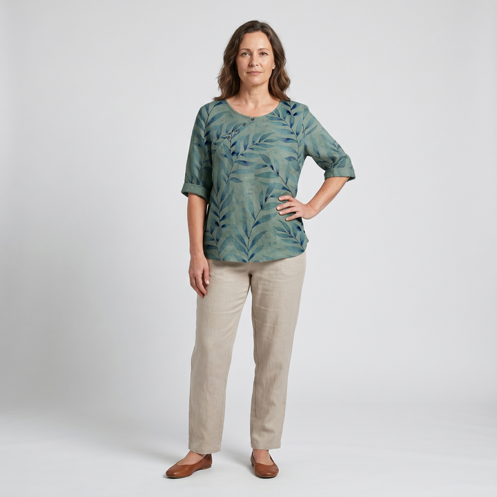Damebluse | Trykt Asymmetrisk Knappebluse