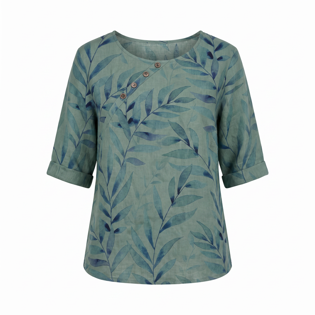 Damebluse | Trykt Asymmetrisk Knappebluse